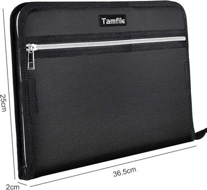 Fireproof Safe Waterproof Accordion File Bag Folder Expanding Filing Folder with 14 Multicolored Pockets, A4 Letter Size, Document Organizer Holder and Color Labels /2 Zipper (Black 14.3" x 9.8")