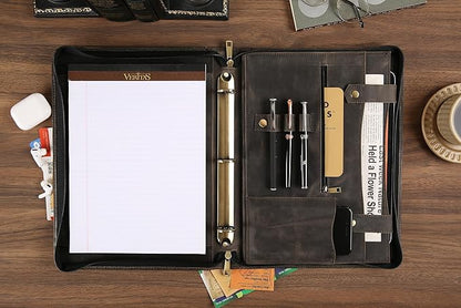 Portfolio Binder 3 Ring, Leather Binder Portfolio Folder for Left-Handed, Zippered Portfolio Padfolio Binder for Women, Leather Portfolio Organizer for Men (Grey, Custom)