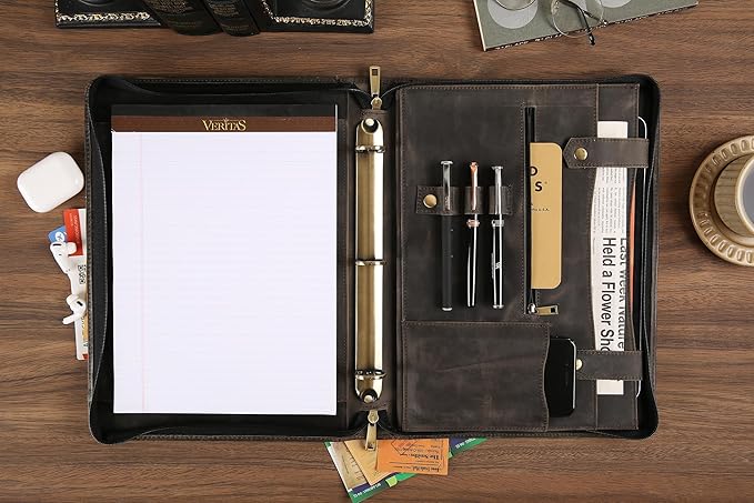 Portfolio Binder 3 Ring, Leather Binder Portfolio Folder for Left-Handed, Zippered Portfolio Padfolio Binder for Women, Leather Portfolio Organizer for Men (Grey, Non-Custom)