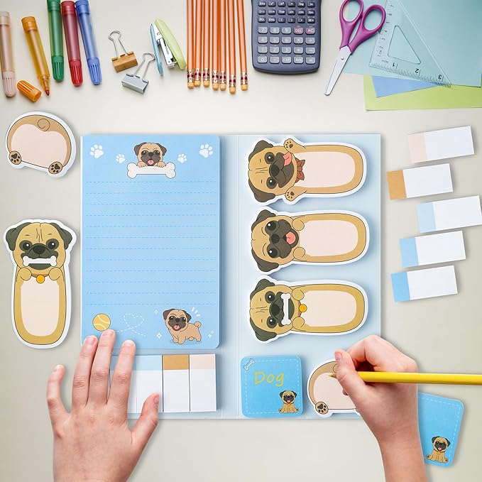 I Just Really Like Pug Sticky Notes Set, 550 Sheets, Cute Cartoon Pug Self-Stick Notes Pads Animal Divider Tabs Bundle Writing Memo Pads Back to School Office Supplies Small Gift
