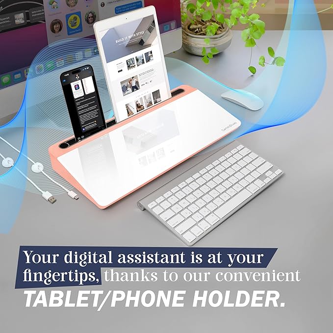 15-Inch Desktop Whiteboard - Glass Dry Erase Board for Desk Whiteboard with Stand with 3 Markers, Spray Bottle, 3 Cable Holders & Storage Box Work from Home Office Gadgets, Peach