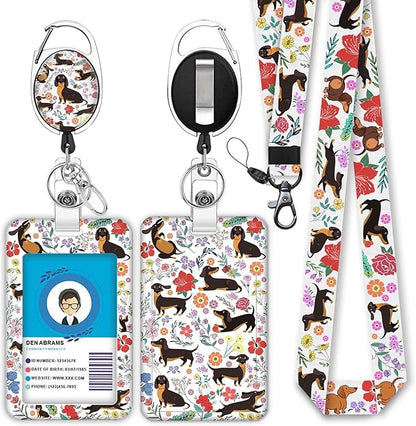 Cute Dachshund Badge Reels Retractable with Carabiner Reel Clip, ID Badge Holder Case with Detachable Lanyard Keychain, Nurse Doctor Office School Teacher Name Credit Card Pocket