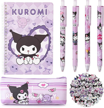 Cute School Supplies Anime Stationery Gift Set Includs Gel Pens, Journal Notebook, 50 Stickers, Pencil Case, Kawaii Stationery Set, Back to School Gift(Purple)