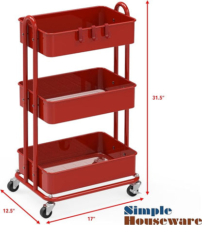 Simple Houseware Heavy Duty 3-Tier Metal Utility Rolling Cart, Red