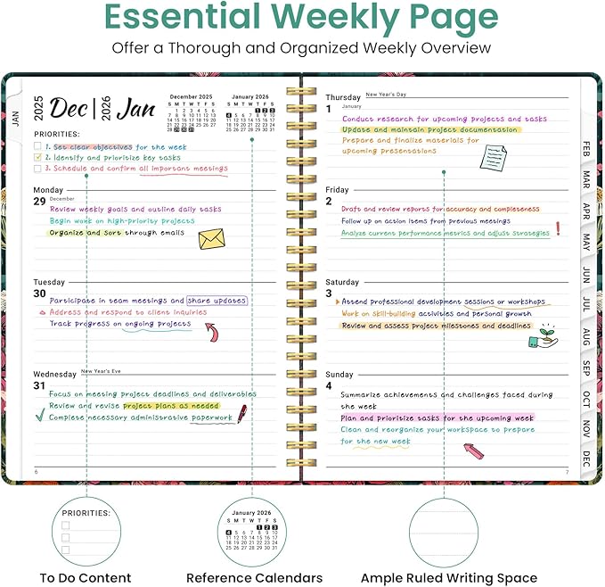 2026 Planner, Weekly and Monthly Planner for Women, January 2026 to December 2026, Pretty Hardcover 2026 Calendar Planner Book with Tabs, Inner Pocket, Spiral Bound, Perfect Office Home School Supplies - 6.3" x 8.5", Wildflower Reverie