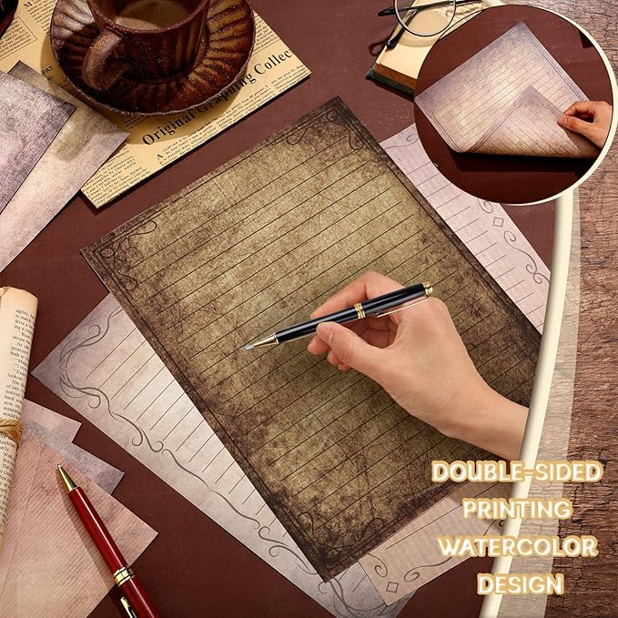 TaoBary 160 Packs Stationery Paper Set (50 Double Sided Stationery Writing Papers 50 Matching Envelopes) 60 Round Dot Sticker, 10 Design(Vintage,8.5 x 11 Inch)