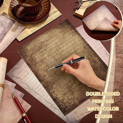 TaoBary 160 Packs Stationery Paper Set (50 Double Sided Stationery Writing Papers 50 Matching Envelopes) 60 Round Dot Sticker, 10 Design(Vintage,8.5 x 11 Inch)