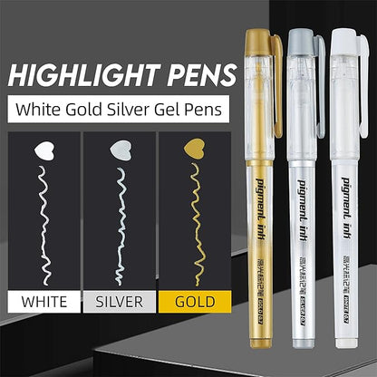 3 Colors Gel Pen Set, 6 Pack, 0.7mm Extra Fine Point,White,Gold and Silver Gel Ink Pens for Artists,White Pens for Black Paper,Artists Drawing,Journaling, Coloring ﻿ ﻿