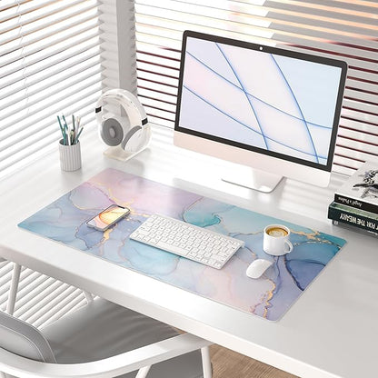 QIYI Large Mouse Pad, PU Leather Desk Mat for Desktop, Waterproof Gaming Desk Pad, Marble Full Desk Accessories Keyboard Mousepad, Abstract Art Home Office Décor 31.5" x 15.7" - Blue Pink Fluid