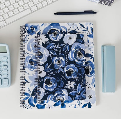 Steel Mill & Co Cute Floral Mini Spiral Notebook, 8.25" x 6.25" Journal with Durable Hardcover and 160 Lined Pages, Blue Watercolor