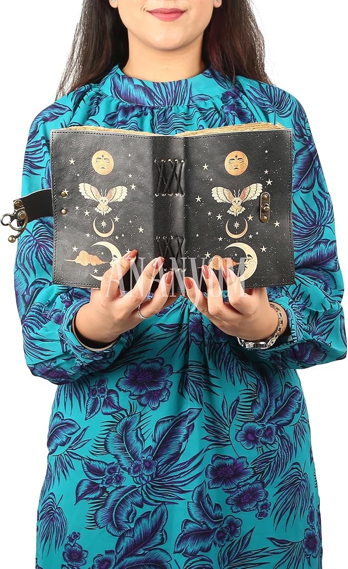 Handmade Leather Journal, Black, Sun & Moon Design, 7 x 5 Inch, 200 Unruled Pages, Hand Embossed, Deckle Edge Paper, Brass Clasp Lock, Vintage Notebook Diary, Sketchbook for Artists & Writers