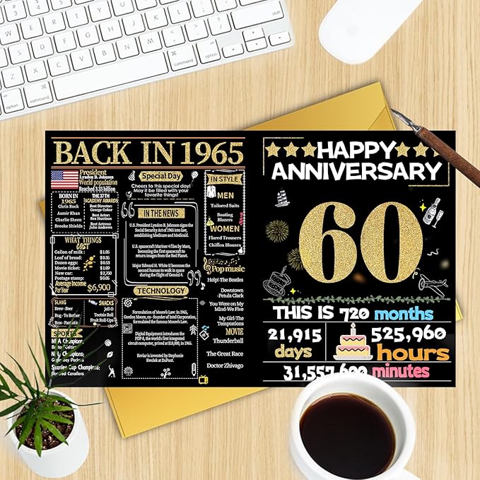 60th Anniversary Card for Women Men, Gold Wedding Card for Wife Husband, Sweet Marriage Decorations Gifts for Couple, Perfect for Her Him on Anniversary Day, Diamond Wedding Card, Back in 1965