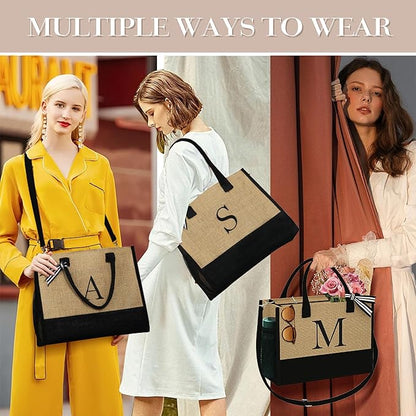 YOOLIFE Christmas Gifts for Women - Initial Jute Tote Bag & Makeup Bag, Birthday Gifts for Women Her Mom Teacher Friend