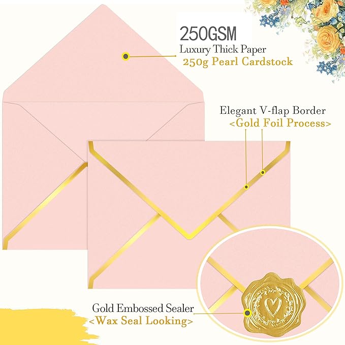 60 Pack Gold Envelopes 5x7 Bulk Pink, 250G Pearled Cardstock A7 Envelopes for Invitations Business Mailing Envelope with Gold Foil Border, A6 4x6 Envelopes for Wedding Baby Shower Cards