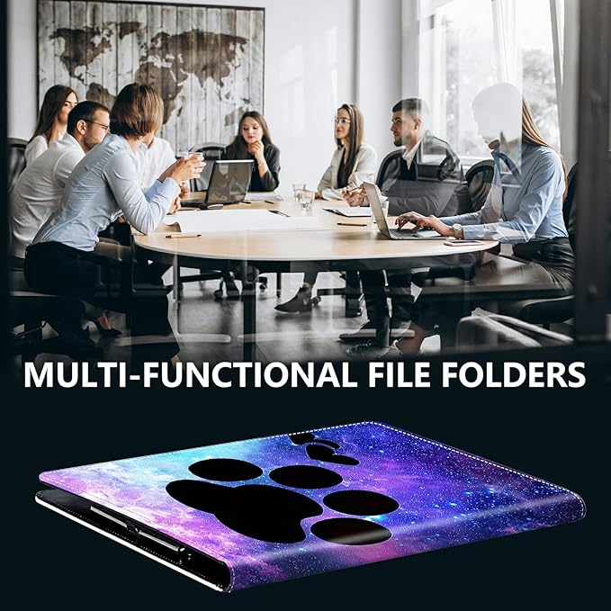 PU Leather Padfolio Clipboard Notepad with Pen Loop and Elastic Strap Interview/Resume Document Organizer for Business School Office,Animals Dog Paws Galaxy