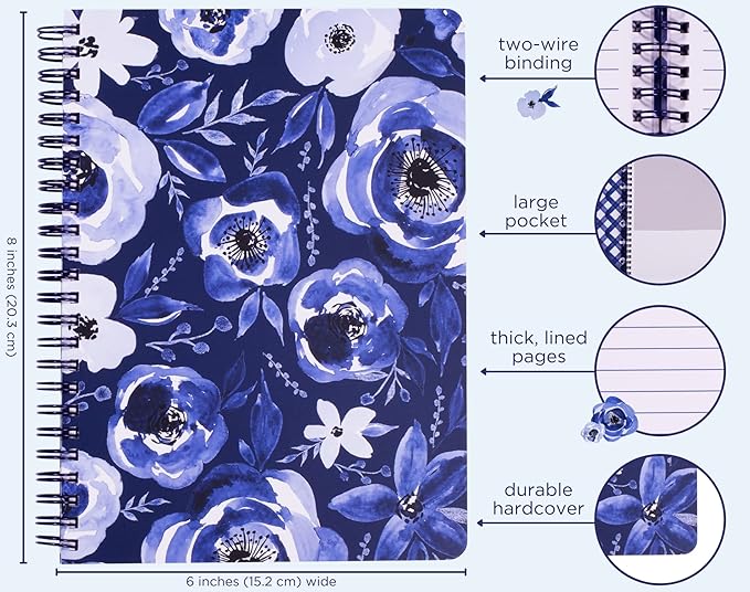 Steel Mill & Co Cute Floral Mini Spiral Notebook, 8.25" x 6.25" Journal with Durable Hardcover and 160 Lined Pages, Blue Watercolor