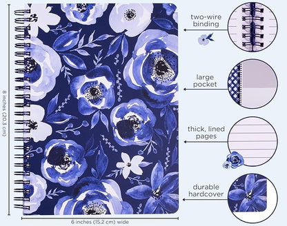 Steel Mill & Co Cute Floral Mini Spiral Notebook, 8.25" x 6.25" Journal with Durable Hardcover and 160 Lined Pages, Blue Watercolor