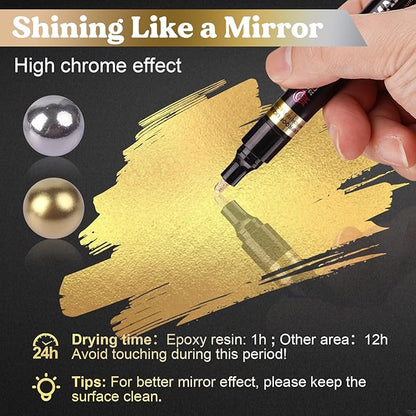 LET'S RESIN 6Pcs Mirror Chrome Markers,3 Sizes Shiny Chrome Paint Pen with Large Barrel, Quick Dry Oil-based Silver & Gold Markers for Metal, Resin, Model Painting, Marking or DIY Art（1-5mm
