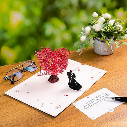 3D Romantic Pop-Up Anniversary Card for Couple, Love Tree Hearts Couple Love Pop Card for Wife or Husband, Perfect PopUp Wedding Card for Valentine's Day or Anniversary