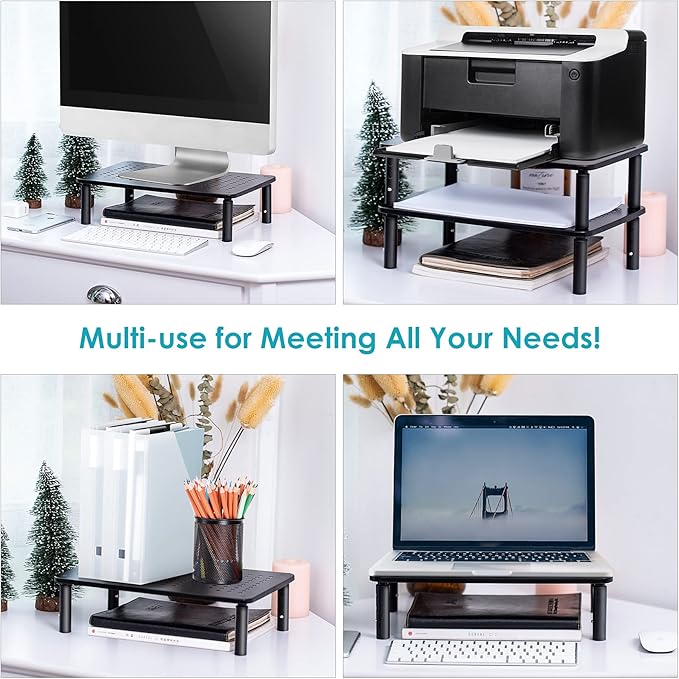 TV/Monitor Riser Desktop Stand, Flat Screen, Sturdy Metal Laptop Computer Shelf for Printer, iMac, 3 Height Adjustable PC with Mesh Platform , 2 Pack