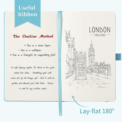 Blank Journal/Notebook - Classic Notebook/Journal with Ribbon Divider, Hardcover with Thick Paper, 5.3'' x 8.26'', Banded + Pen Holder +Inner Pocket - Light Blue