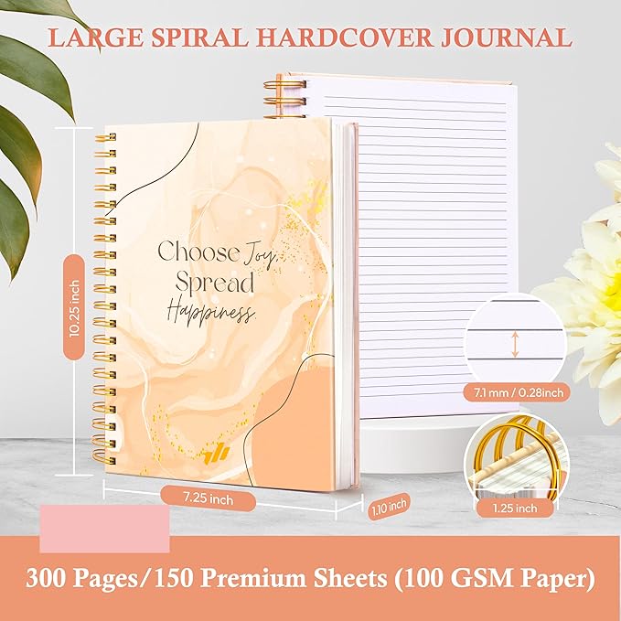 Spiral Journal Notebook - 10.25" x 7.25" Large 100 GSM Paper, 300 Pages. Spiral Notebook Journal for Women - Premium Quality Spiral-Bound Journaling Notebooks. - Choose Joy (Marble)