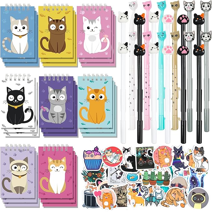148 Pcs Cat Animal Party Favors Bulk Cat Mini Spiral Notepads Cat Pens Stickers Set for PET Birthday Party Classroom School Reward Gift Prizes Goodie Bags Stuffers