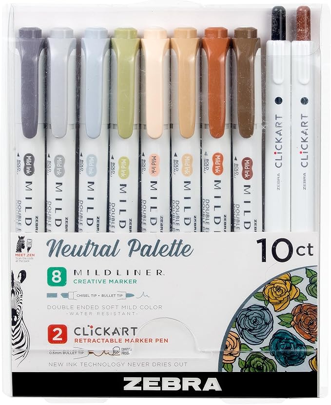 Zebra Pen Neutral Palette Set, Includes 8 Mildliner Highlighters and 2 ClickArt Markers, No Bleed Bible Assorted Neutral Vintage Ink Colors, 10-Pack, Model Number: 78601