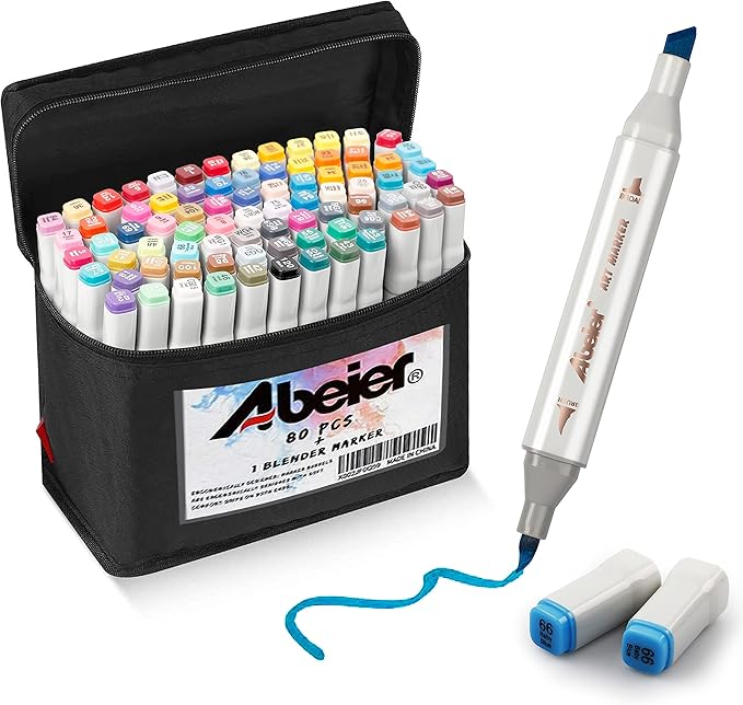 ABEIER 81 Colors Alcohol Markers Brush Tip, Brush & Chisel Dual Tip Sketch Markers for Artists, Plus 1 Blender Marker, Permanent Sketch Markers for Kids, Adults Coloring and Artist Illustration
