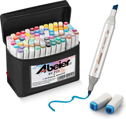 ABEIER 81 Colors Alcohol Markers Brush Tip, Brush & Chisel Dual Tip Sketch Markers for Artists, Plus 1 Blender Marker, Permanent Sketch Markers for Kids, Adults Coloring and Artist Illustration