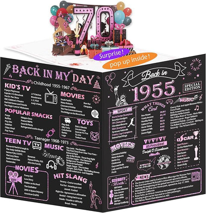 70th Birthday Card for Women, Jumbo 3D Pop Up 70th Birthday Gifts for Mom Grandma, Back In 1955 Happy 70 Year Old Sister Birthday Decorations Cards Card for Her, Rose Gold
