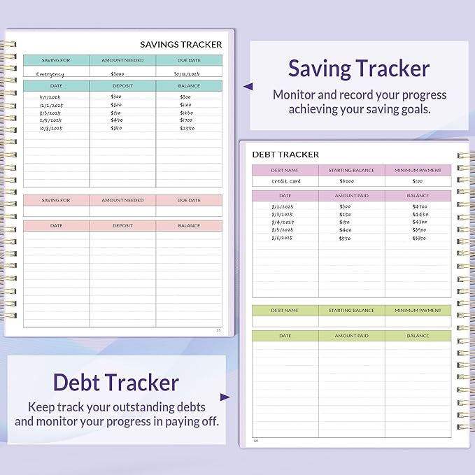 SUNEE Budget Planner - Monthly Budget Book with Expense Tracker Notebook, Undated 12 Month Bill Organizer & Finance Planner to Manage Your Money, A5(6.4" x 8.3") Account Book with Colorful Tab, Purple