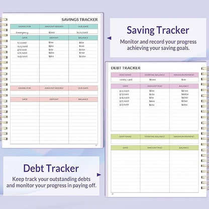 SUNEE Budget Planner - Monthly Budget Book with Expense Tracker Notebook, Undated 12 Month Bill Organizer & Finance Planner to Manage Your Money, A5(6.4" x 8.3") Account Book with Colorful Tab, Purple
