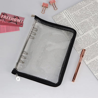 Multibey A5 Binder Cover Clear Soft PVC 6-Ring Binder Budget Evelopes System with Zipper Planner Organizer Refillable Notebook Journal Binder (Black, A5)