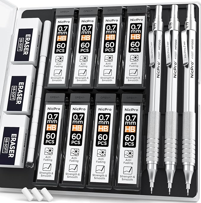 Nicpro 0.7 Metal Mechanical Pencil Set with Case, 3PCS MP1000 0.7mm Artist Lead Pencil With 8 Tube HB Refills, 3 Erasers, 9 Eraser Refill For Architect Art Drafting Drawing Engineering, Sketching