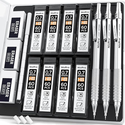 Nicpro 0.7 Metal Mechanical Pencil Set with Case, 3PCS MP1000 0.7mm Artist Lead Pencil With 8 Tube HB Refills, 3 Erasers, 9 Eraser Refill For Architect Art Drafting Drawing Engineering, Sketching