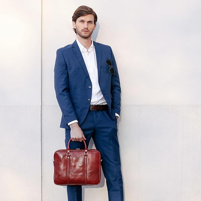 Time Resistance Leather Briefcase - Italian Full Grain Leather Bag - Genuine Leather Laptop Bag - Briefcase for Men and Women