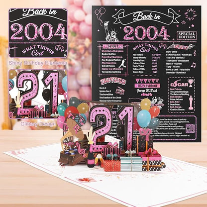 21st Birthday Card for Girls Her, Jumbo 3D Pop Up 21st Birthday Gifts, Back In 2004 Happy 21 Year Old Birthday Decorations Cards Card for Daughter Granddaughter, Rose Gold