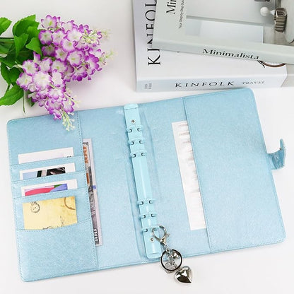 A5 PU Leather Cotton-Padded Binder 6-Ring Notebook Binder Cover with Gold Keychain for A5 Filler Paper, Refillable A5 Personal Planner Budget Binder with Magnetic Buckle Closure (Light Blue, A5)