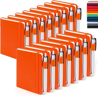 feela 15 Pack Pocket Small Notebooks Bulk, Mini Cute Notepads Hardcover College Ruled Lined Journals with Pen Holder for School Business Memos, with 15 Black Pens, 3.5”x 5.5”, A6, Orange