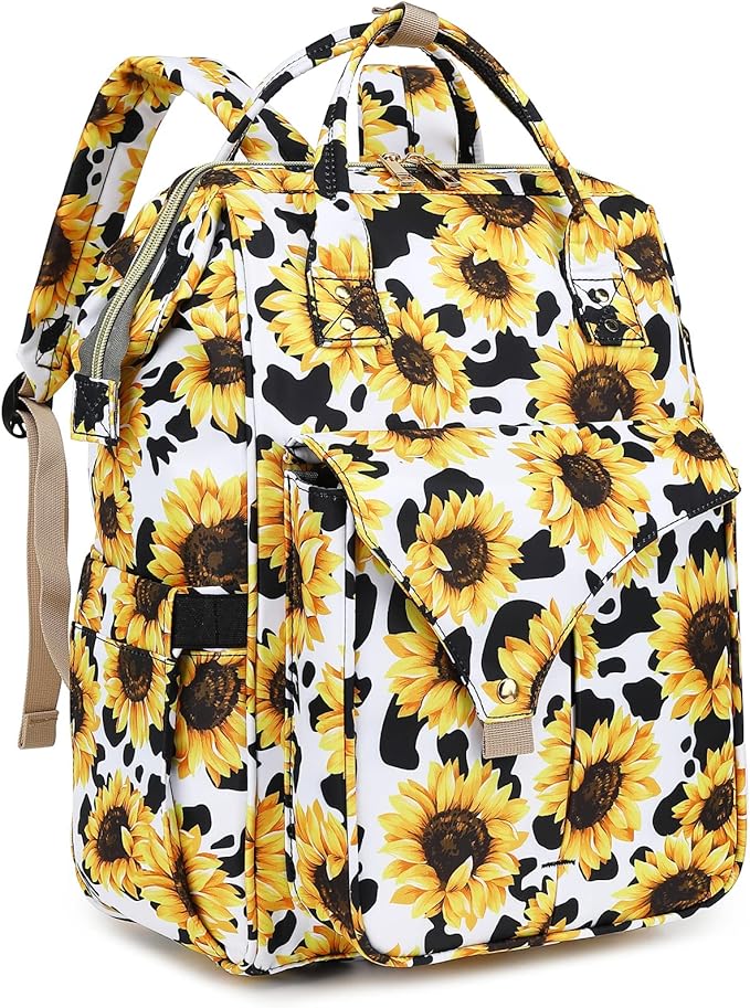 Sunflower Cow Print Laptop Backpack College School Backpack Bookbags Nurse Backpacks Travel Bags Casual Daypacks for Women Girls Fits 15.6 Inch Notebook