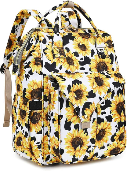 Sunflower Cow Print Laptop Backpack College School Backpack Bookbags Nurse Backpacks Travel Bags Casual Daypacks for Women Girls Fits 15.6 Inch Notebook