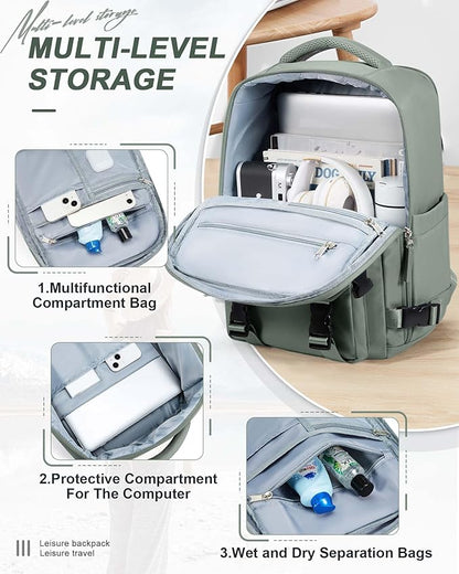 Large Travel Carry on Laptop Backpack for Women Men, Expandable Flight Approved Backpack, Waterproof Sports College bag Casual Daypack for Weekender Business Hiking with Shoe Compartment Light Green