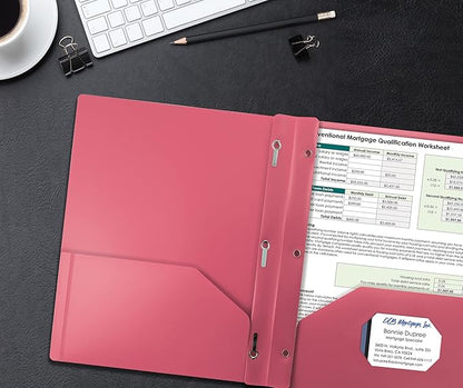 Better Office Products Pink Plastic 2 Pocket Folders with Prongs, Heavyweight, Letter Size Poly Folders, 24 Pack, with 3 Metal Prongs Fastener Clips, Pink