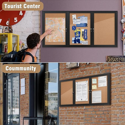 70"x34" Enclosed Bulletin Board, Outdoor Lockable Weather-Resistant Aluminum Cork Noticeboard for School & Office, Black Frame w/Cork