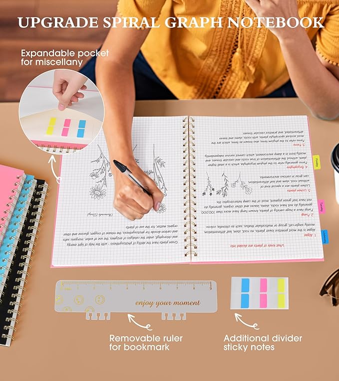 Graph Paper Notebook, Spiral Notebook Journal 8.5” x 11”, A4 Large Grid Notebooks for Women Men, 100 GSM Graph Paper, Plastic Hardcover Spiral Graphing Journals for Work School Engineering, Pink