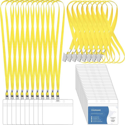 100 Pcs Lanyards for ID Badges and 100 Pcs Clear Name Tag Holders Reusable Lanyard with Clip Plastic ID Card Badge Holder Name Badges for Adults Kids Business School Office Supplies (Yellow)