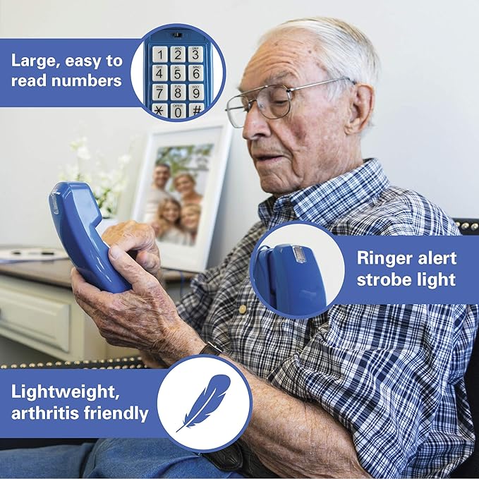 iSoHo Phones - Hearing Device-Friendly Phone – Gentle on Aching Hands, Easy-to-Press Buttons, Wall-Mountable, Custom Ringtone/Volume, Adjustable Ringer & Call Waiting - Lighted Keypad, Classic Blue