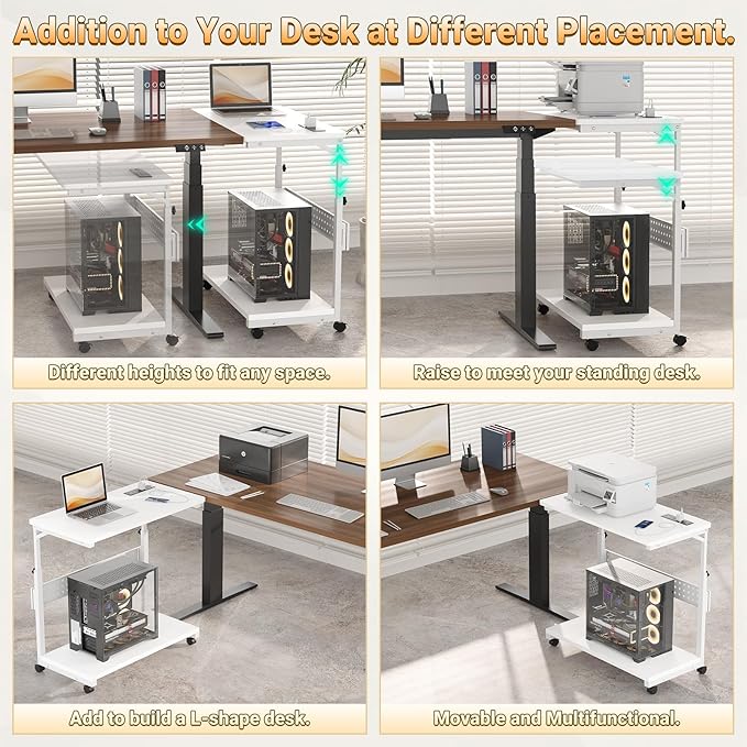 Computer Tower Stand with Power Strips, Height Adjustable PC Tower Stand/Cart with Wheels, Mobile Rolling CPU Holder, Computer Cart Side Stand for Computer Desk, 32", Carbon Fiber White