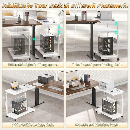 Computer Tower Stand with Power Strips, Height Adjustable PC Tower Stand/Cart with Wheels, Mobile Rolling CPU Holder, Computer Cart Side Stand for Computer Desk, 32", Carbon Fiber White